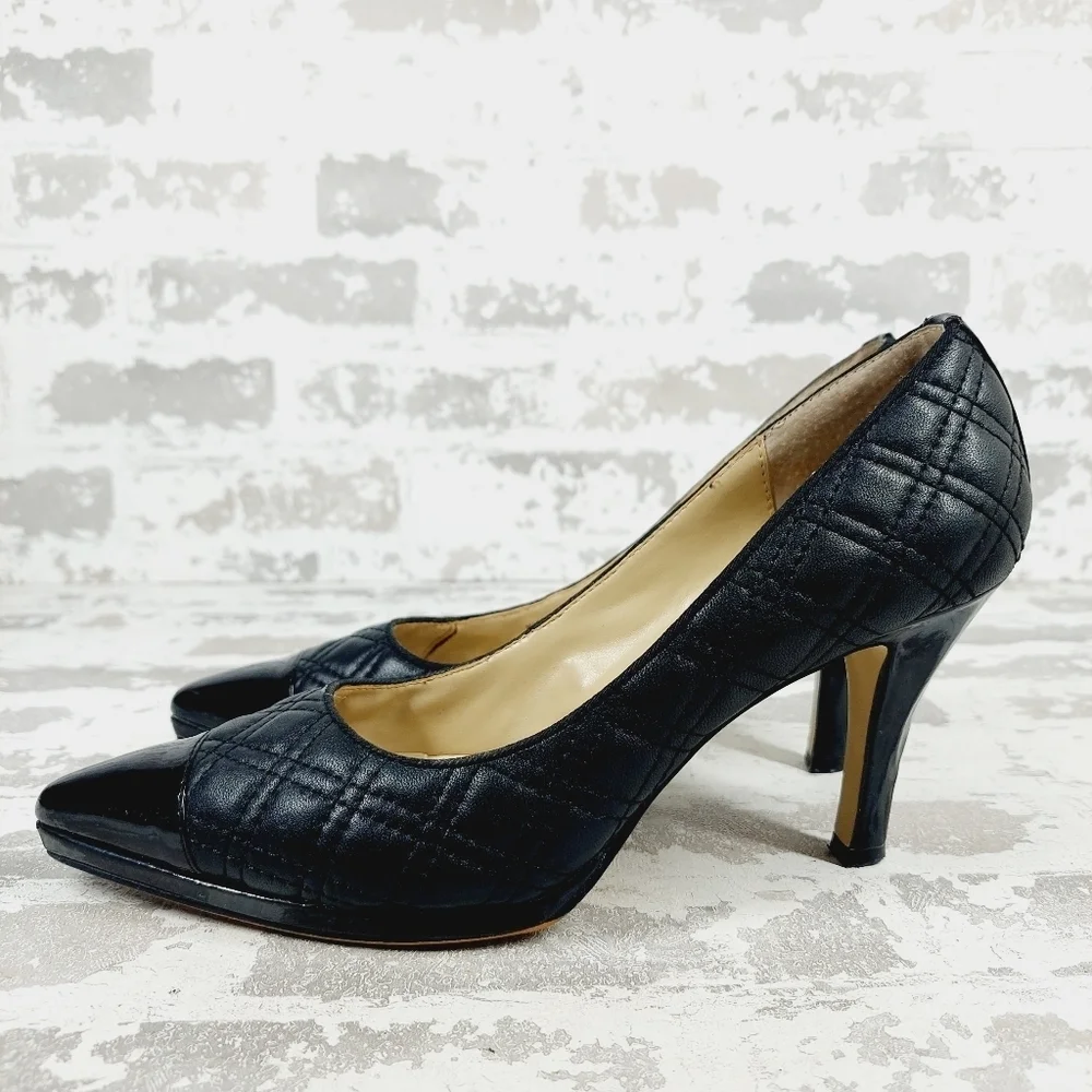 Adrienne Vittadini Jantine Black Quilted Leather Patent Cap Toe Heels E463
